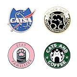 Broche esmaltado con diseño de gato y planeta y pata de café, sin piedras preciosas