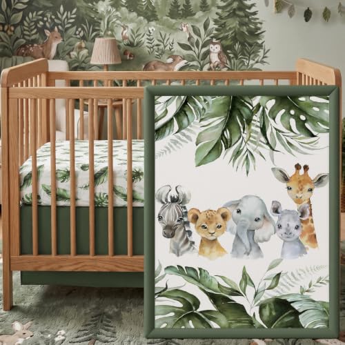 Image of Hahafelt 3 Pcs Safari Baby Crib Bedding Set Tropical Jungle Theme Decor for Infant Bed with Watercolor Elephant Zebra Giraffe Lion Includes Quilt, Fitted Sheet, Skirt for Baby Boy Girl Gifts