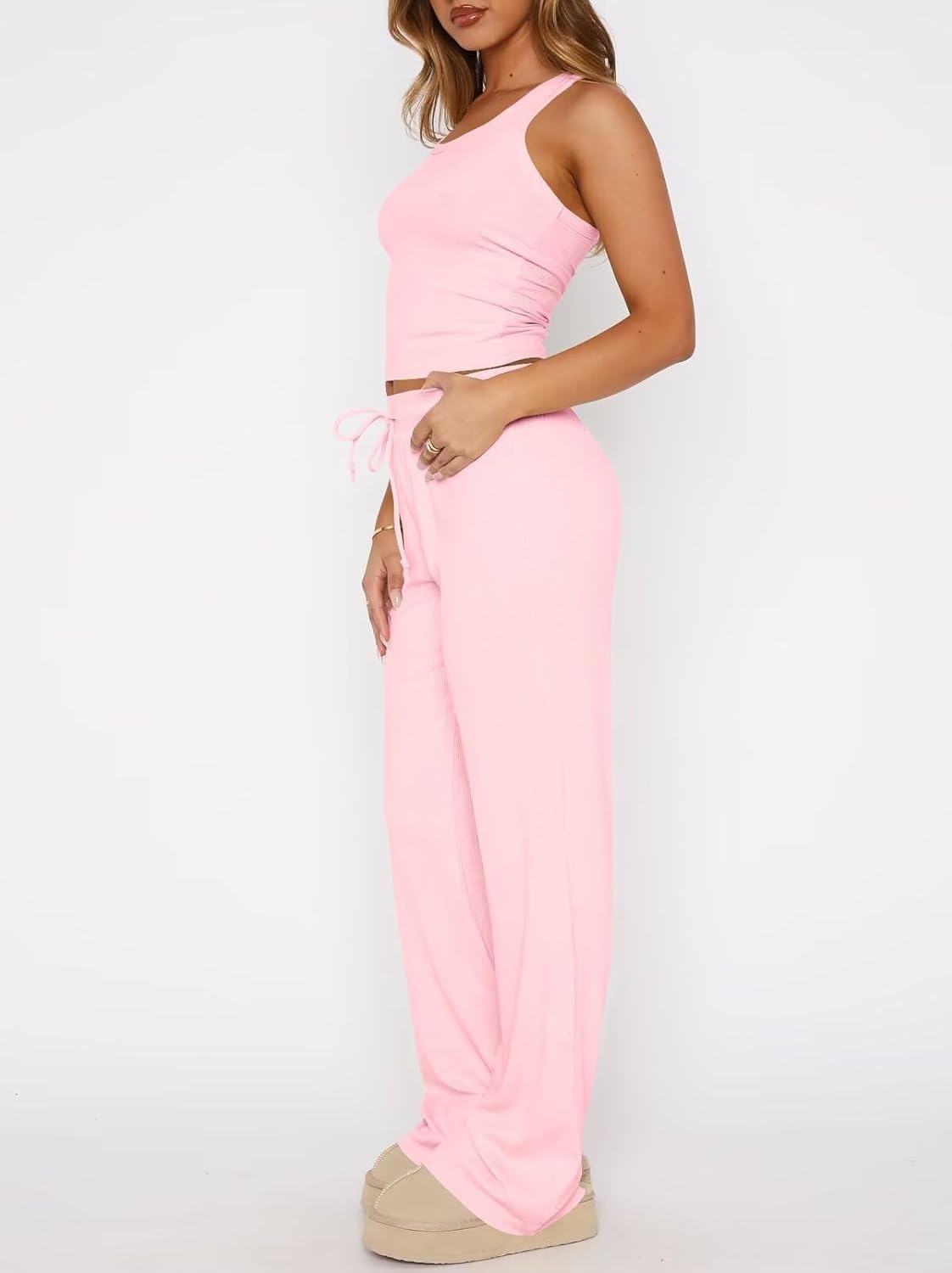 BONITEE Womens Loungewear Set 2 Piece Pajama Sets Summer Sleeveless Crop Tank Tops Wide Leg Pants Lounge Outfits - Image 3