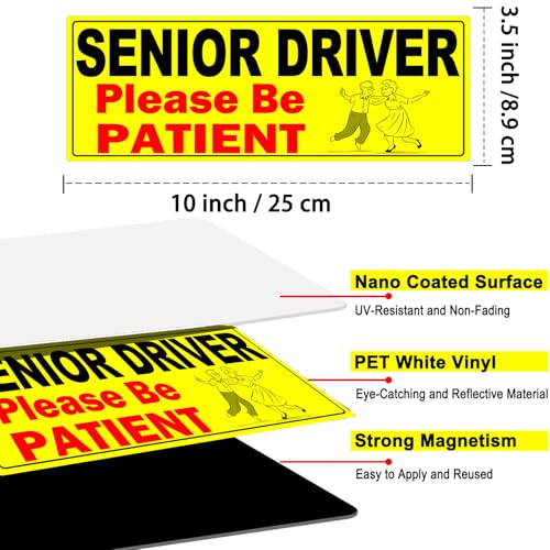 Image of 2 Pack Senior Driver Car Magnet Sign, Elderly Driver Magnet for Car, Please Be Patient Caution Sign to Old Grandma and Grandpa, Gag Prank Funny Gifts for Women, Men(Black - 2 Pack)