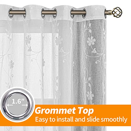 Youngstex Embroidered White Sheer Curtains 84 Inches Length 2 Panels Set Faux Linen Grommet Light Filtering Semi Sheer Window Drapes For Living Room And Bedroom, 52 X 84 Inch, Big Flower #TOP2