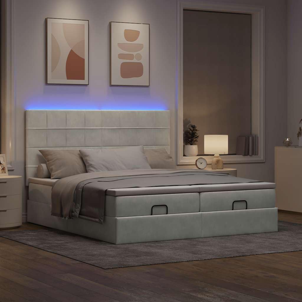 Łóżko otomana z materacami i diodami LED, jasnoszare, 160 x 200 cm, aksamitny materiał, duża przestrzeń do przechowywania, materac ze sprężynami kieszeniowymi, wygodna nakładka na materac do