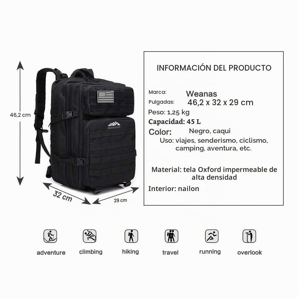 Mochila Táctica Impermeable 45L Gran Capacidad Nylon 600D Múltiples Bolsillos para Senderismo Acampada, Montañismo, Caza, Aire Libre Ciclismo y más
