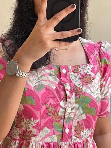Image of Women's Floral Printed Tiered Midi Dress, Puff Sleeves, Square Neck, Button-Front