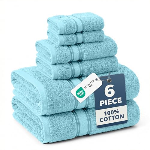 Image of Lane Linen Luxury Bath Towel Set - 6 Piece Set, 100% Cotton Bathroom Towel, Zero Twist, Quick Dry Shower Towels, Extra Soft Absorbent, 2 Bath, 2 Hand, 2 Wash Cloths - Blue