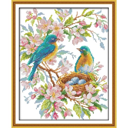 Image of ITSTITCH Stamped Cross Stitch Kits- Full Set of Embroidery for Beginners or Adults,14 CT 2 Strands DIY Singing Blue Bird Patterns Counted Arts Craft 11x13.4 inch