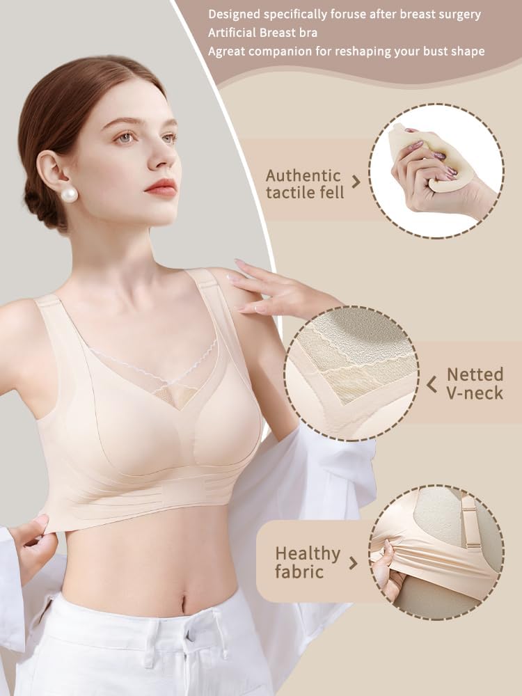 Women's Seamless Wireless Post-Mastectomy Bra with Bilateral Pockets and Built-in Breast Pads