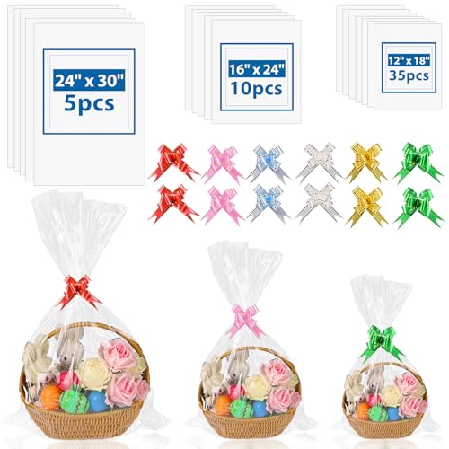 110pcs Cellophane Bags for Gift Baskets with Pull Bows 3 Sizes 12x18 16x24 24x30 Large Clear Cello Bags for Christmas Gift Wrapping Plastic Cellophane Wrap for Packaging Halloween and Easter Products Valentine's Day Mother's Day