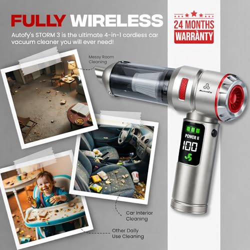 Image of Autofy Storm 3 [4-in-1] Powerful & Fully Wireless Car Vacuum Cleaner Air Blower - 18000PA 3.5X More Suction Power - BLDC Long Life Motor - 3 Suction Speeds - 25 mins Runtime (24 Months Warranty)