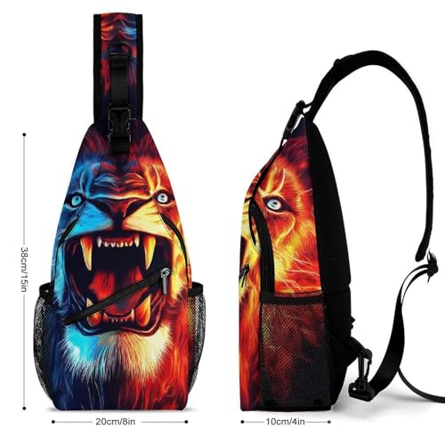 Men's Fashion Chest Bag, Travel Shoulder Pack, Small Cross Body Sling Bag Cool Lion Blue Red Fire Art2