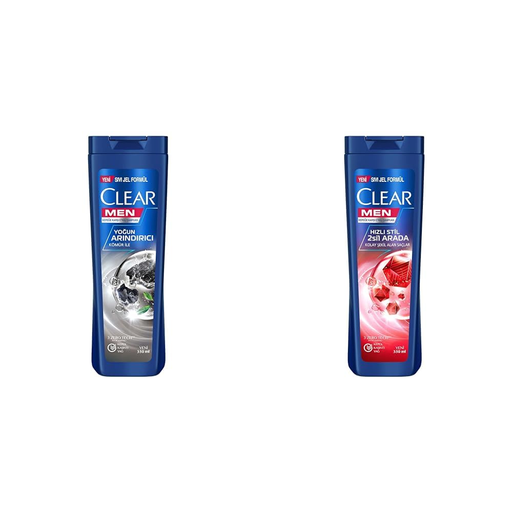Clear Men Kepeğe Karşı Etkili Şampuan Yoğun Arındırıcı Kömür ile 350 ml(2) Clear Men Kepeğe Karşı Etkili Şampuan Hızlı Stil 2'si 1 Arada Kolay Şekil Alan Saçlar 350 ml Mavi(1)