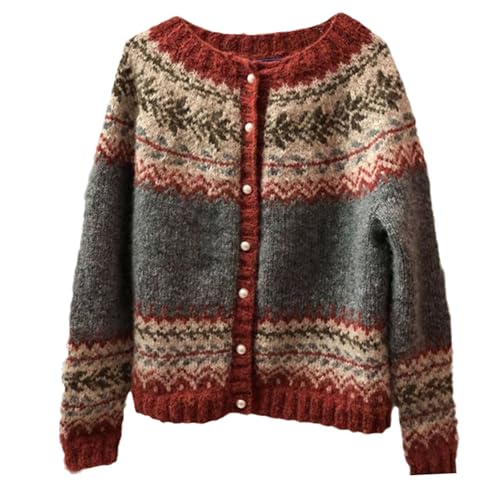 Women Vintage Fair Isle Knitted Sweater Retro Argyle Crewneck Long Sleeve Button Down Cardigan