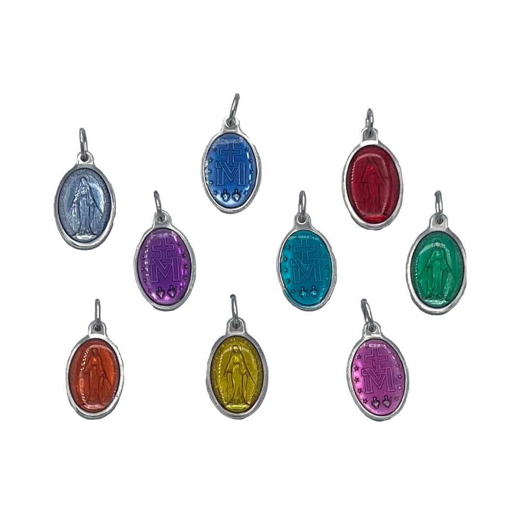 SERAL Lot de 9 médailles de la Vierge Miraculeuse, en Aluminium,Forme Ovale et Email Couleur. Entièrement produite à Lourdes. 100% Made in Lourdes