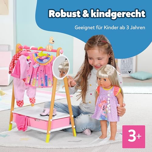 BABY Born Kleiderstange - Kleiderständer für Puppen in Holzoptik inkl. Spiegel, Schubladen & Kleiderbügel - Hochwertiges Puppenzubehör - Geeignet für Kinder ab 3 Jahren