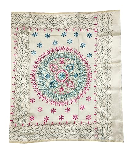 Image of SHRISTI CLOTHINGS Women's Hand Embroidered Cotton Silk Kantha Stitch Saree with Blouse Piece (SB4200924 OFFWHITED92)