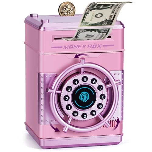 Thedttoy Money Box ATM Piggy Bank with Simulated Fingerprint Digital PIN Money Saving Box with Auto-Spin Unlock Money Safe for Kids Girls Birthday Presents for Age 3 4 5-Pink