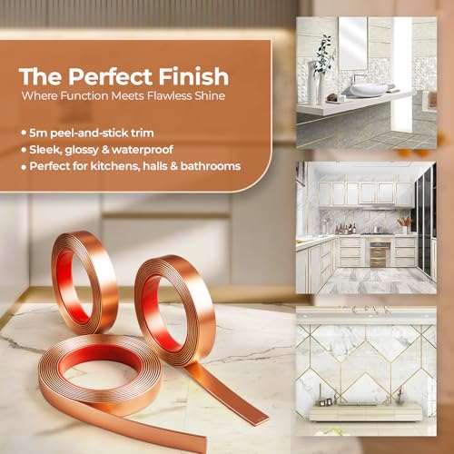 Image of Rose Gold Moulding Patti for Wall - 5M Self Adhesive Metal Strip | T Profile Wall Moulding Trim for Ceiling, Furniture, Cabinet, Tile Border | 50MM SS 201 Mirror Finish (Rose Gold, 50MM)