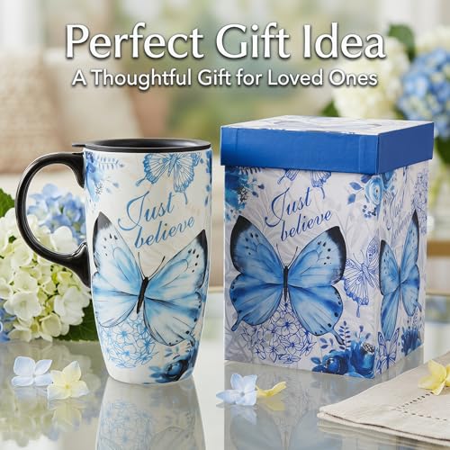 Taza de cerámica azul con mariposas 17oz con tapa miniatura 5