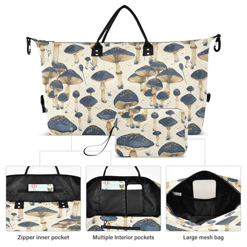 Travel Duffel Bags Old Style Mushroom Blue Beige Carry On Personal Item Bag with Toiletry Bag for Hiking 2 Pcs Set bolsa para gym para mujer2