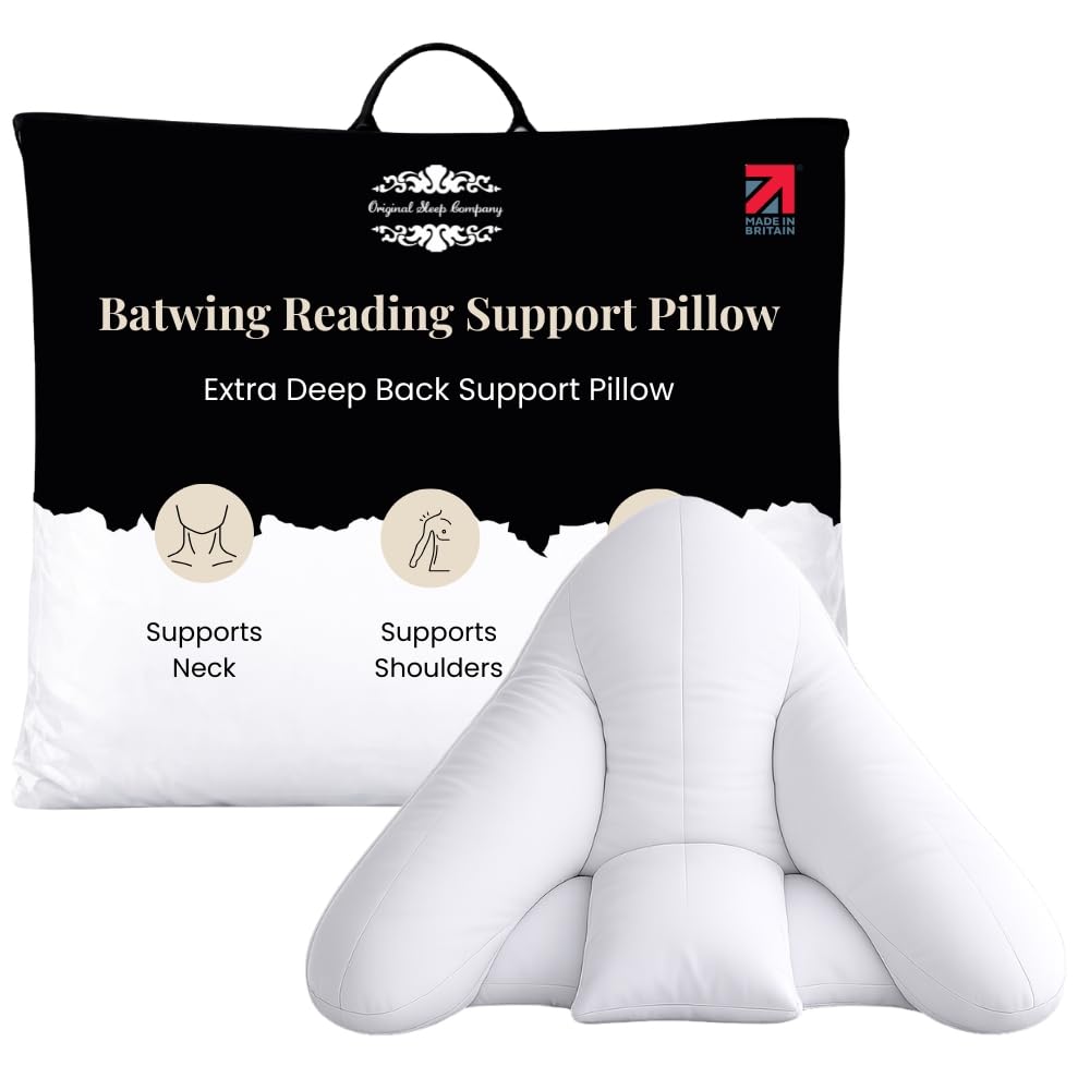 Original Sleep Company Orthopaedic Batwing Pillow – Reading Back Support Pillow with Hollowfibre Filling, Polycotton Pillowcase, Lumbar & Neck Support Cushion, Machine Washable, Made in Britain