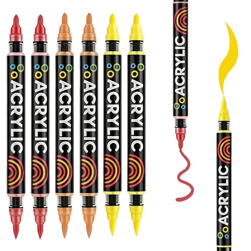YWPXSN Dual Tips Acrylic Paint Markers - Fine Tip and Brush Tip Acrylic Paint Pens for Stone,Paper,Wood,Glass,Fabric Paint,DIY Crafts (6, 2Red+ 2Yellow+ 2Orange)