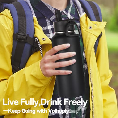Volhoply 32oz Insulated Water Bottles Bulk 2 Pack with Straw Lid & Spout Lid,Stainless Steel Sports Water Bottle,Double Wall Vacuum Cups,Leakproof Wide Mouth Metal Flask for Hiking,Camping(Black,2)