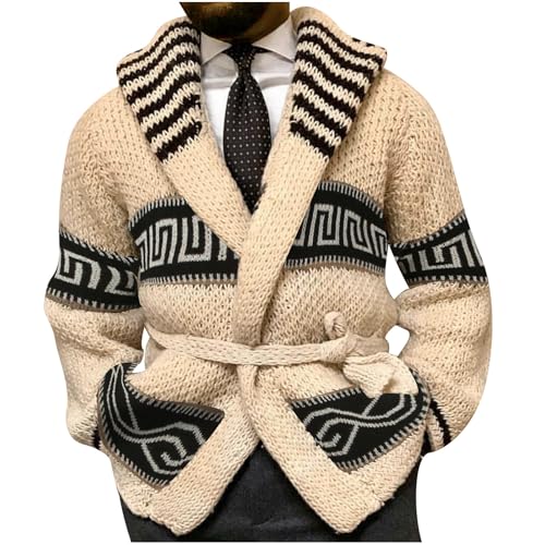 Mens Shawl Collar Cardigan Sweater Western Aztec Cable Knit Sweater Chunky Long Sleeve Winter Casual Belted Cardigans