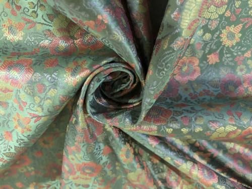Tissu brocart de soie vert mer et pêche | Idéal pour haute couture