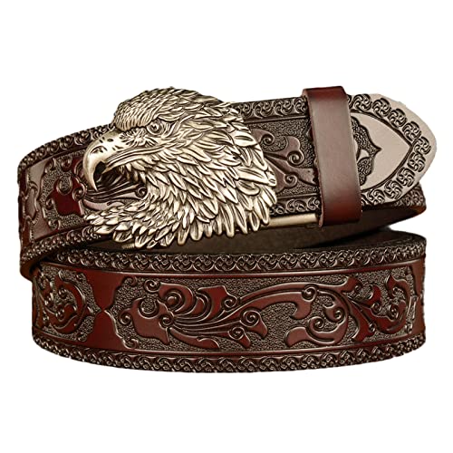Brown Leather Ratchet Belt - Animal Engraved Automatic Buckle & Western Floral Emboss Waist Strap