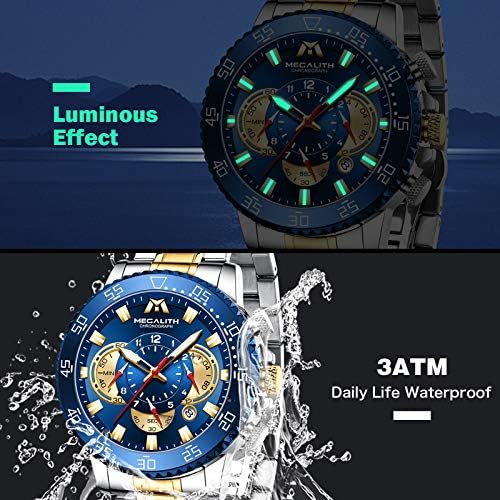 MEGALITH Mens Watch 45mm Chronograph Quartz Watches Stainless Steel Designer Waterproof Wrist Watches for Men Date Luminous, Elegant Business Gifts for Men