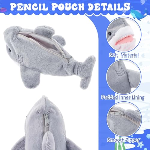 Image of 3 Pcs Grey Shark Pencil Pouch for Kids 3D Plush Animal Pencil Case with 2 Fun Pencils & 1 Soft Stationery Bag Ideal Birthday Gift for Boys and Girls, Back to School Supplies