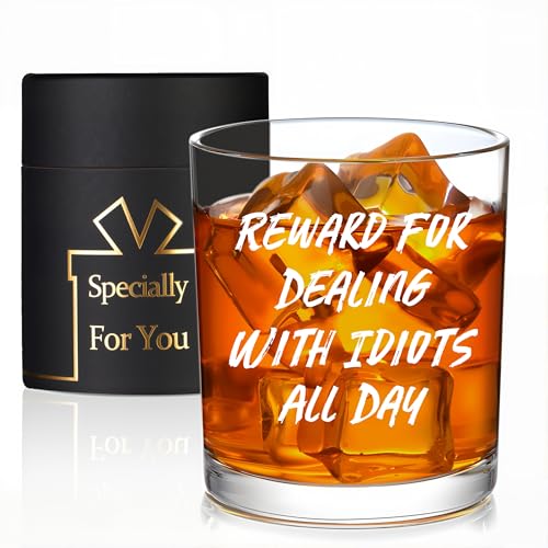 Jmugmt Reward For Dealing With Idiots All Day Whiskey Glass, Funny Gifts for Men Coworker Friend Husband Boss Him Christmas Bosses Day Birthday, 10 OZ Old Fashioned Glass with Gift Box