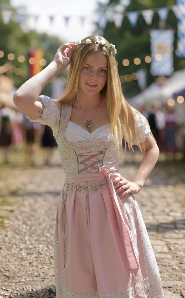 Kleid Dirndl Damen 3 TLG, Midi für Oktoberfest, mit Schürze und Bluse, 502GT