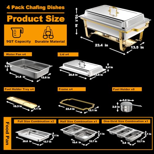 Chafing Dishes for Buffet 4 Pack, 9Qt Chafing Dish Buffet Set with Different Food Pans Combo, Food Warmers for Parties Buffet, Events & Weddings, Gold - Image 4