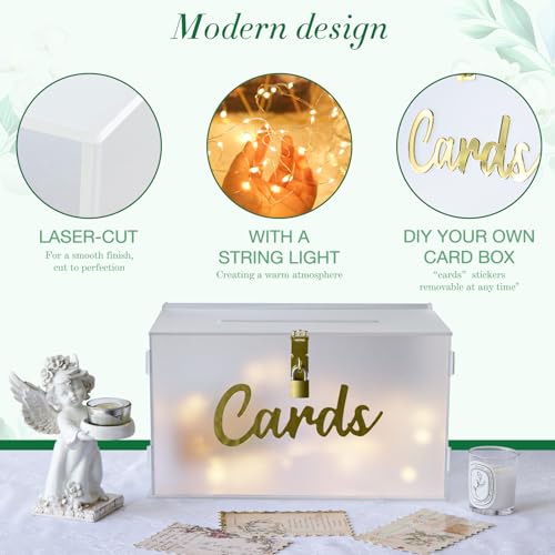 Image of OurWarm Frosted Acrylic Wedding Card Box with String Light, Large Gift Card Box Holder for Wedding Reception, Honeymoon Fund Envelope Money Boxes for Party Graduation Baby Shower Birthday Decorations