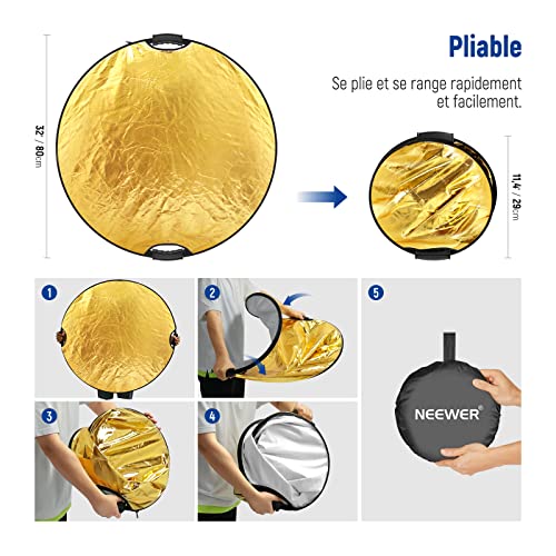 Image of NEEWER 80cm Light Reflector with Handle & 3 /8 inch Thread, 5 in 1 | Foldable Round Light Diffuser, Translucent /Silver /Gold /White /Black for Studio or Outdoor Photo Lighting, RF-80II