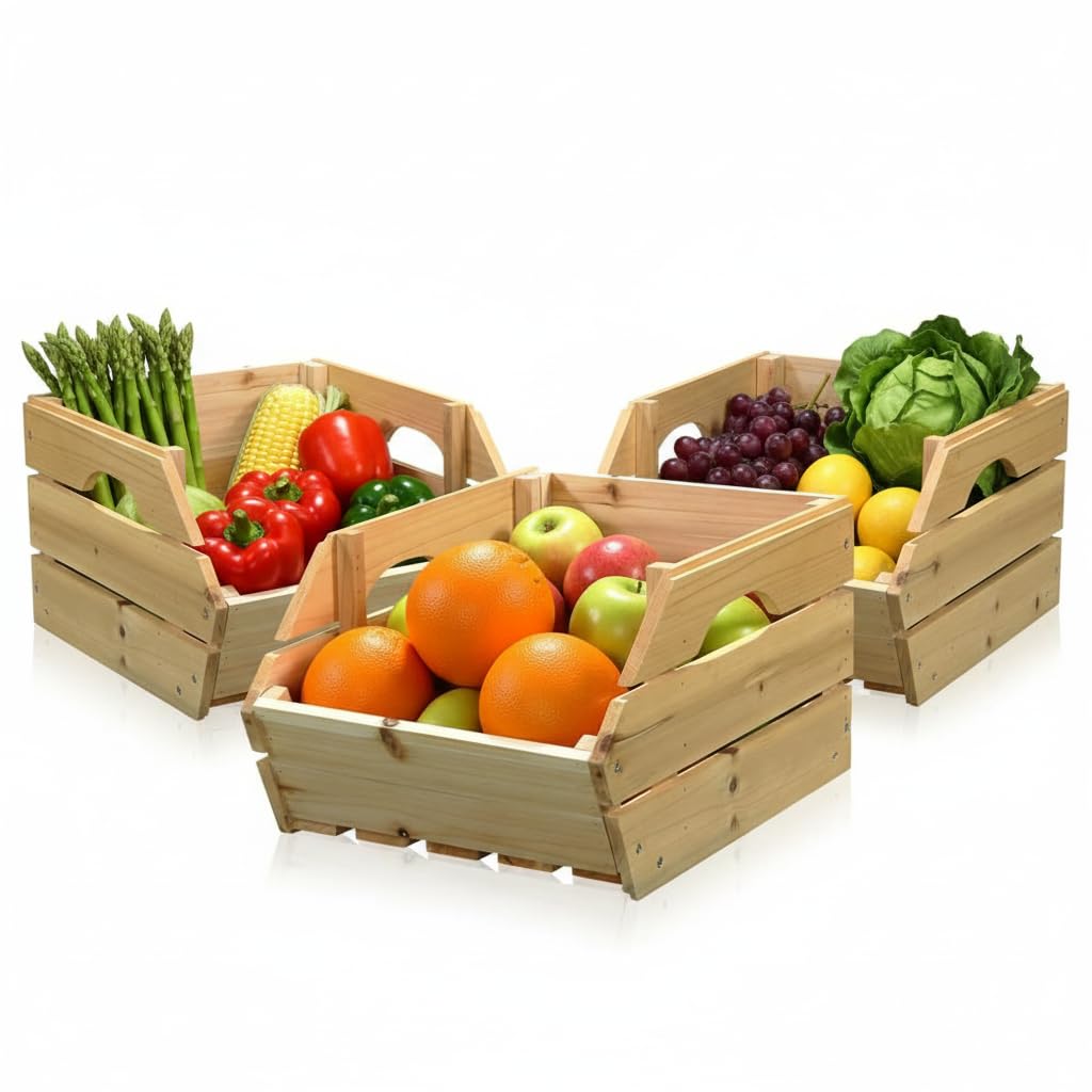 Melko Holzkiste Obstkiste 3 Stück 38x27x20 cm stapelbar Weinkiste Natur | Fichtenholz in Panel-Optik, schräge Öffnung zur leichten Entnahme, halbrunde Grifföffnungen, auch als Gemüsekiste und Deko