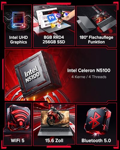 2026 Laptop Computer Notebook QWERTY,15.6 IPS FHD Display,8GB RAM 256GB SSD,Celeron N5100 Prozessor,WiFi5,BT5.0,USB3.0,Beleuchtete Tastatur,Fingerprint für Business Home Office und Studenten,Silber