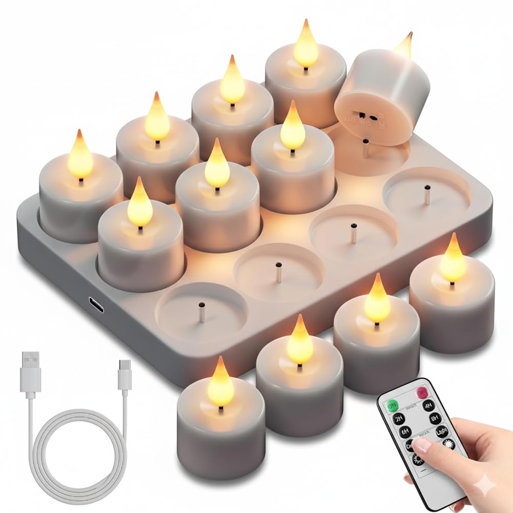 UDSKNV[KSL Flameless Tea Lights Candles Rechargeable LED Flickering Battery Operated 12Pc Votive Tealight Candles