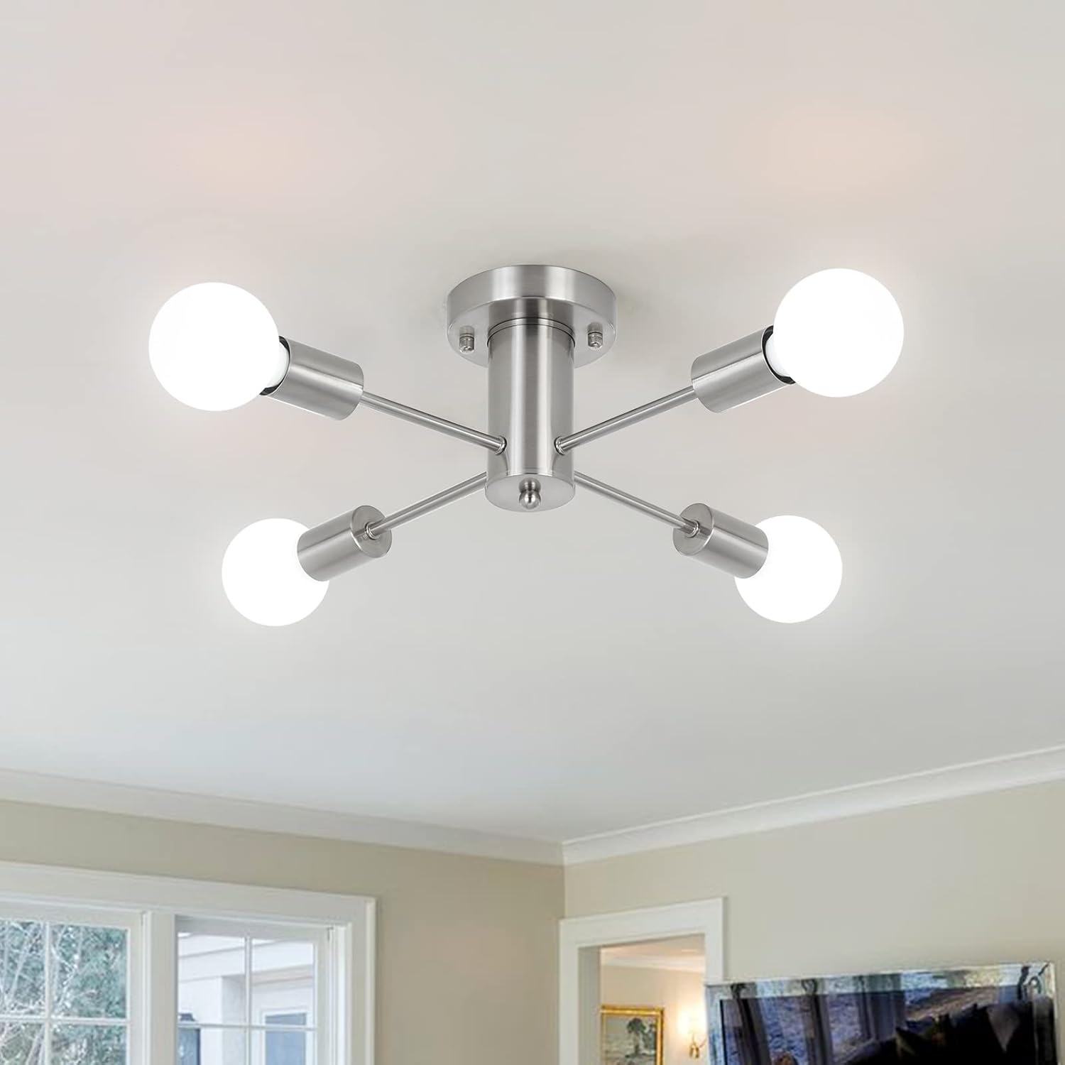 LJHhowe 4 Lights Brushed Nickel Ceiling Light Sputnik Chandelier Semi