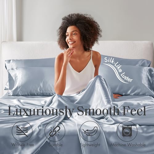 Image of Madison Park Essentials Satin Sheets Full Size Bed Set, 6 Piece, Blue | Luxury and Smooth Silky Bedding with Natural Sheen, All Around Elastic 14 inch Pocket fits up to 16 inch Mattress, Year-Round Cozy