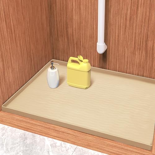 Image of URMONA Waterproof Silicone Under Sink Mat 31'' x 22'' Shelf Liner for Kitchen and Bathroom, Cabinet and Counter Protector, Storage and Organizers, Litter Mat, Pet Cat Puppy Essentials(Khaki)