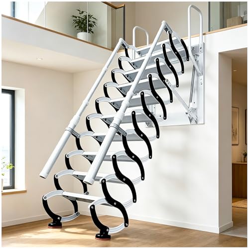 2.75m Escalera telescópica para ático, Escaleras de loft montadas en la pared que se despliegan hacia abajo, Escalera Mural retráctil con 2 barandillas, Capacidad 350 kg,Antideslizantes (11 escalones)