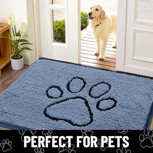 Image of Smiry Dog Door Mat for Muddy Paws, Absorbent Dirt Trapper Non Slip Quick Dry Washable Chenille Mat for Mud Dogs, Entry Rug for Indoor and Outdoor (36x24 Inches, Airy Blue and Black)