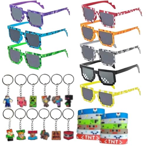 Gykutix Conjunto de 32 óculos festa pixeis óculos divertidos Thug Life óculos de sol porta-chaves pixel mosaico pulseiras silicone Pixel para adulto crianças carnaval festas aniversários temáticas