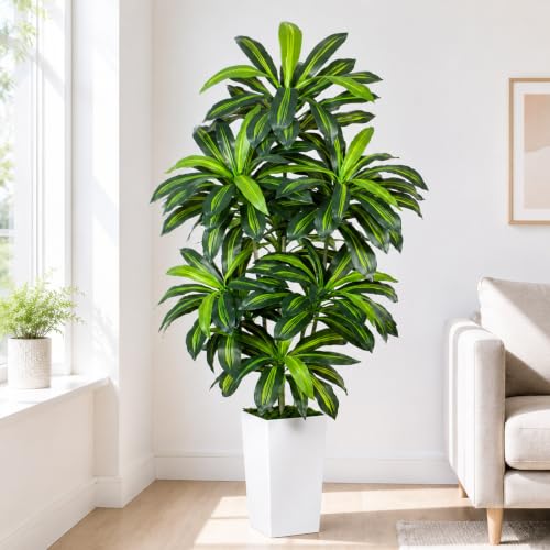 Image of 7FT Artificial Dracaena Tree - High-Density Foliage Fake Plant with White Tall Planter - Faux Yucca Floor Plant for Home Office Decor Indoor