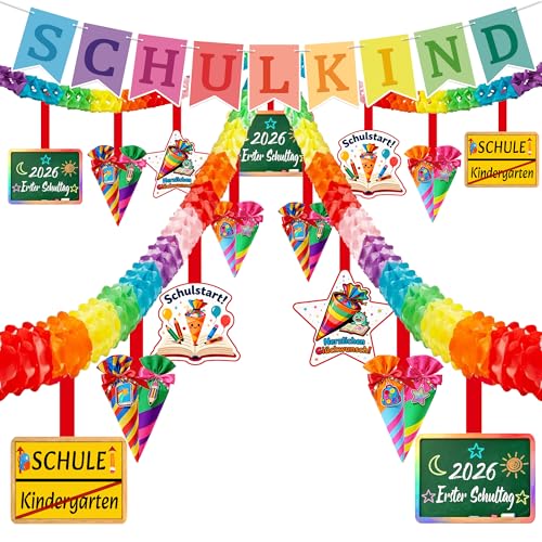 Einschulung Deko Schulkind 2026 Mädchen/Junge Deko Schulkind Girlande Satz Enthalten Banner:Schulkind PapierKranz 4 Stück Gesamtlänge 12M Thema Schulanfang ist Farbenfroh und Einfach zu Verwenden