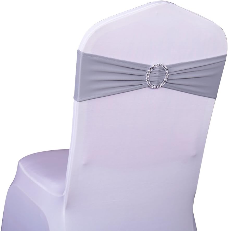 50 Stretch Spandex Silver Grey Chair Sashes for Wedding Chair Bows Bands with Slider Buckles Fitting Party Feast Banquet Restaurant Event Bridal Baby Shower Decoration