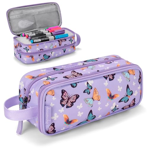 Image of Choco Mocha Girls Pencil Case for Kids, Soft Large Zipper Pencil Pouch for Kids with 2 Compartments Girls Pencil Case for School Butterfly Pencil Bag, Purple