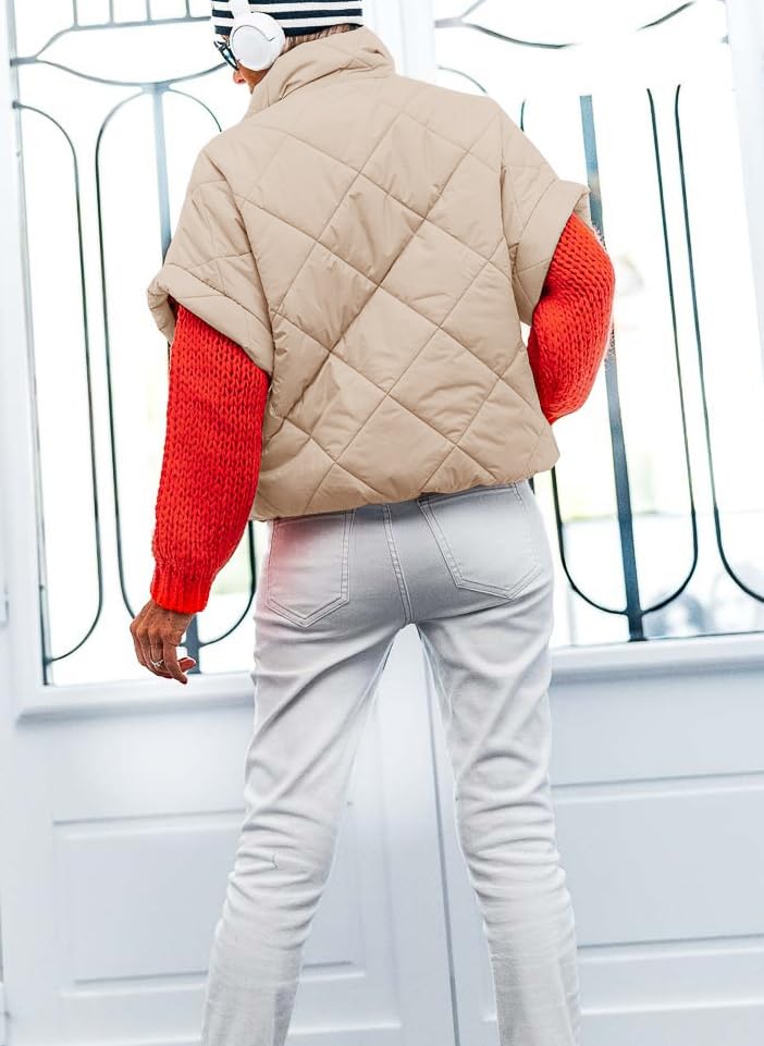 Women's Puffer Vest Stand Collar Zipper Short sleeve Jackets Fashion Winter Lightweight Vests Warm Padded Jacket Coat4